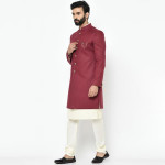 Men Maroon & Beige Solid Sherwani Set